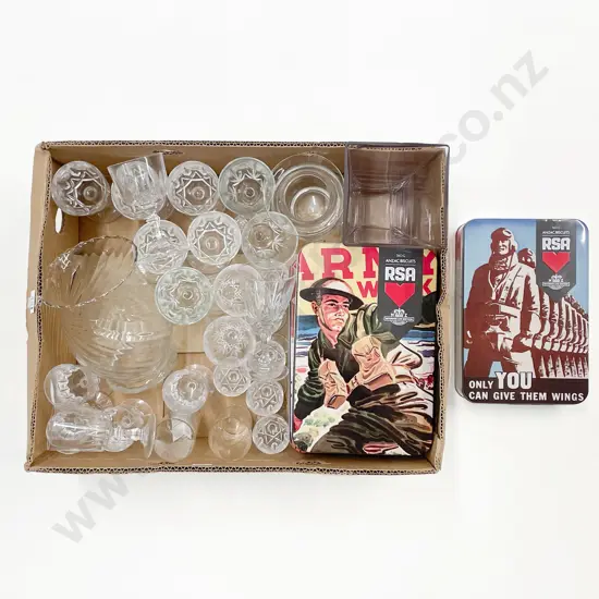 Box Qty of Assorted Glassware together with Four ANZAC Tins