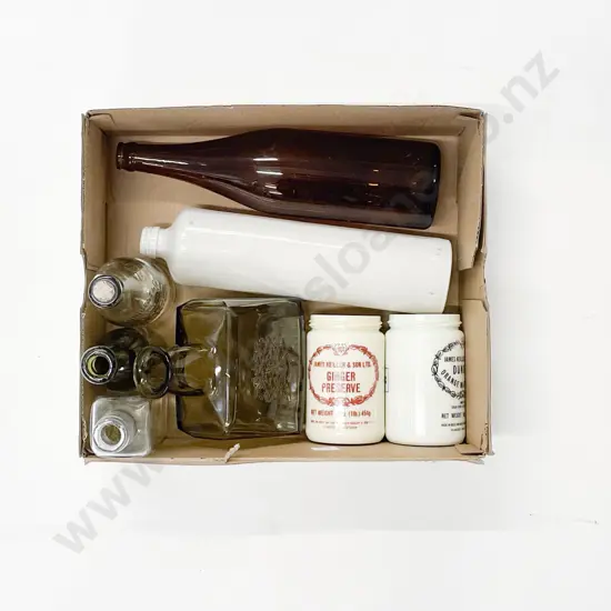 Qty of Assorted Vintage Bottles & Two Glass Preserve Jars