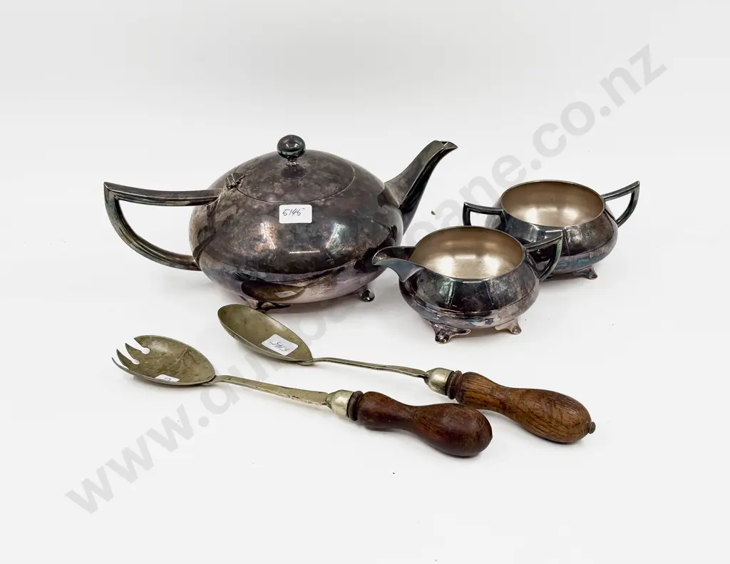 S/P Three Pce Teaset together with Vintage Wooden Handled Salad Servers Image 1++