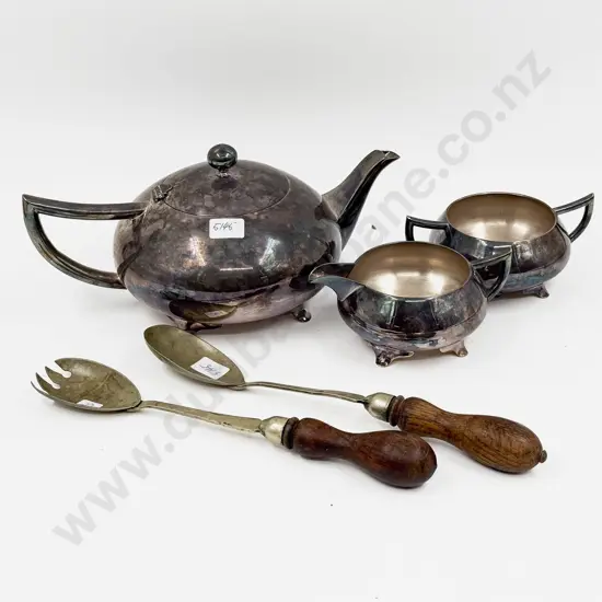 S/P Three Pce Teaset together with Vintage Wooden Handled Salad Servers