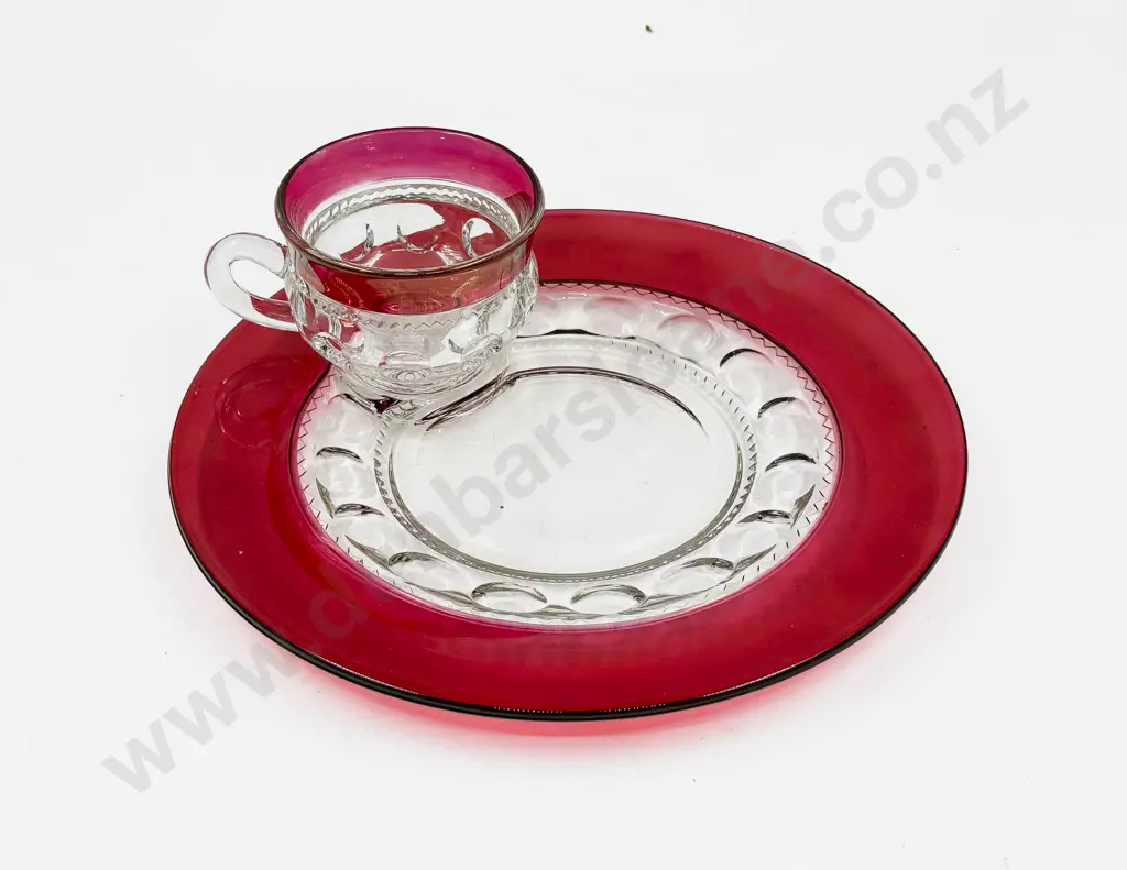 Cranberry Glass Cup & Plate Set Image 1++