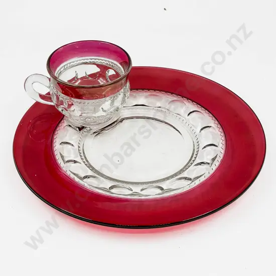 Cranberry Glass Cup & Plate Set
