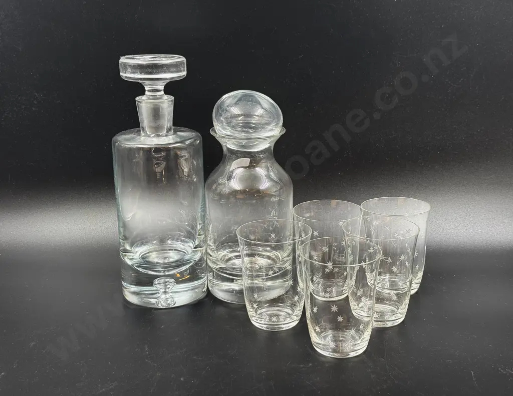 Two Glass Decanters together with Five Etched Glass Cups Image 1++