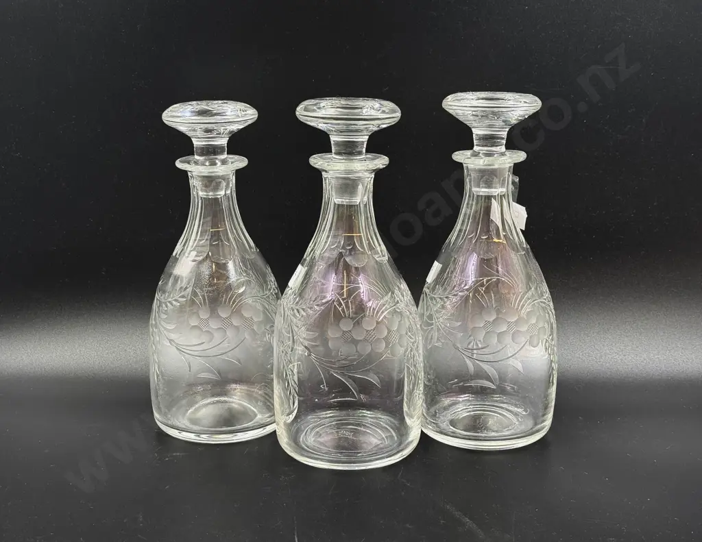 Set of Three Etched Crystal Decanters Image 1++