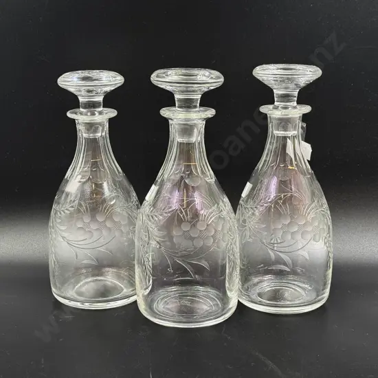 Set of Three Etched Crystal Decanters