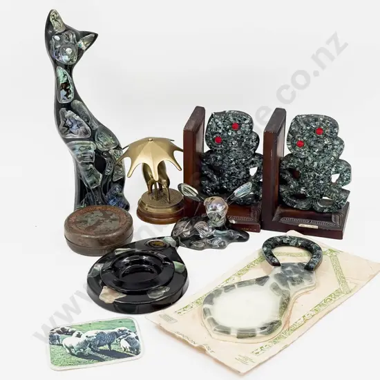Qty of Assorted NZ Tourist Ware incl Paua Shell Tiki Bookends