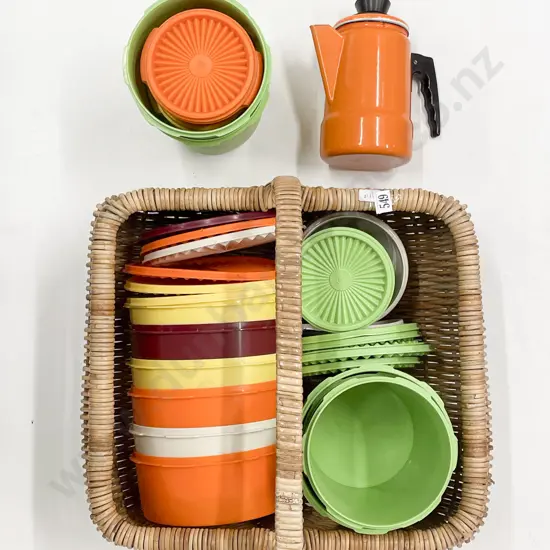 Wicker Basket & Assorted Vintage Plastic Containers etc