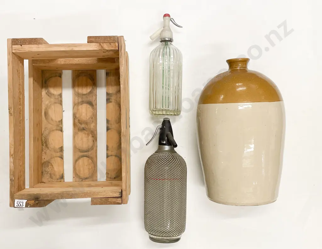 Vintage Stoneware Bottle together with Two Soda Syphons Image 1++