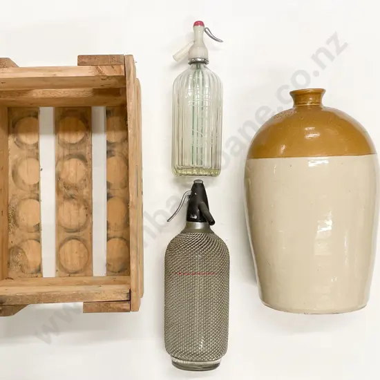 Vintage Stoneware Bottle together with Two Soda Syphons