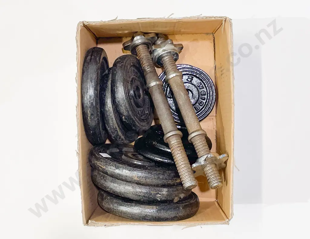 Qty of Assorted Vintage Weights with Pair of Dumb Bell Bars Image 1++