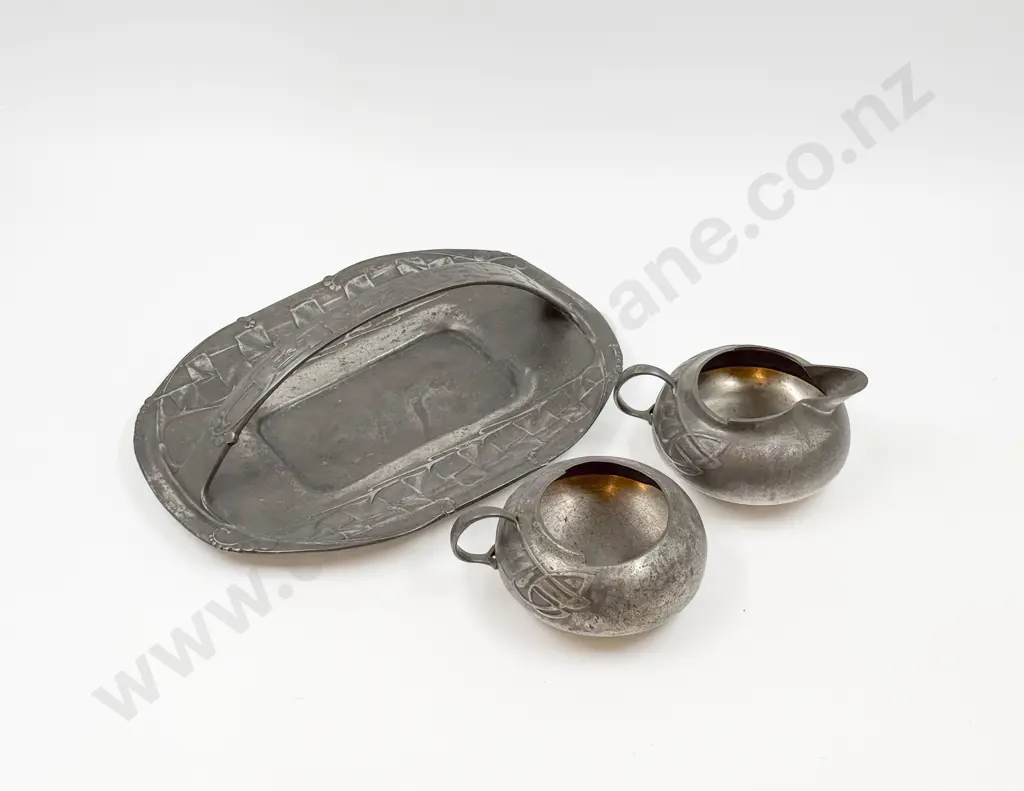 Archibald Knox for Liberty & Co English Pewter Handled Tray with Sugar and Cream Image 1++