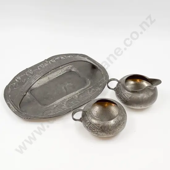 Archibald Knox for Liberty & Co English Pewter Handled Tray with Sugar and Cream