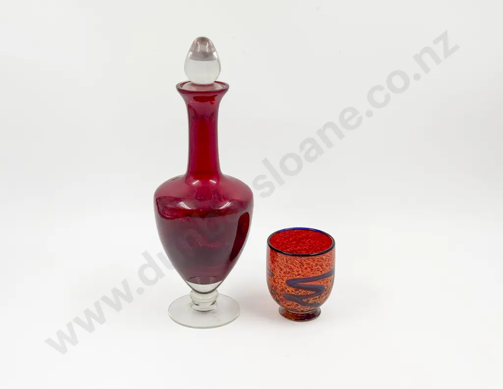 Ruby Glass Decanter Together with Art Glass Pedestal Bowl Image 1++