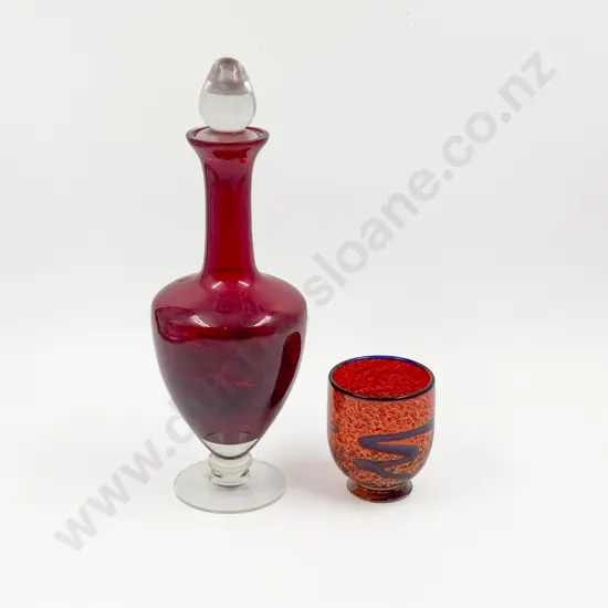 Ruby Glass Decanter Together with Art Glass Pedestal Bowl