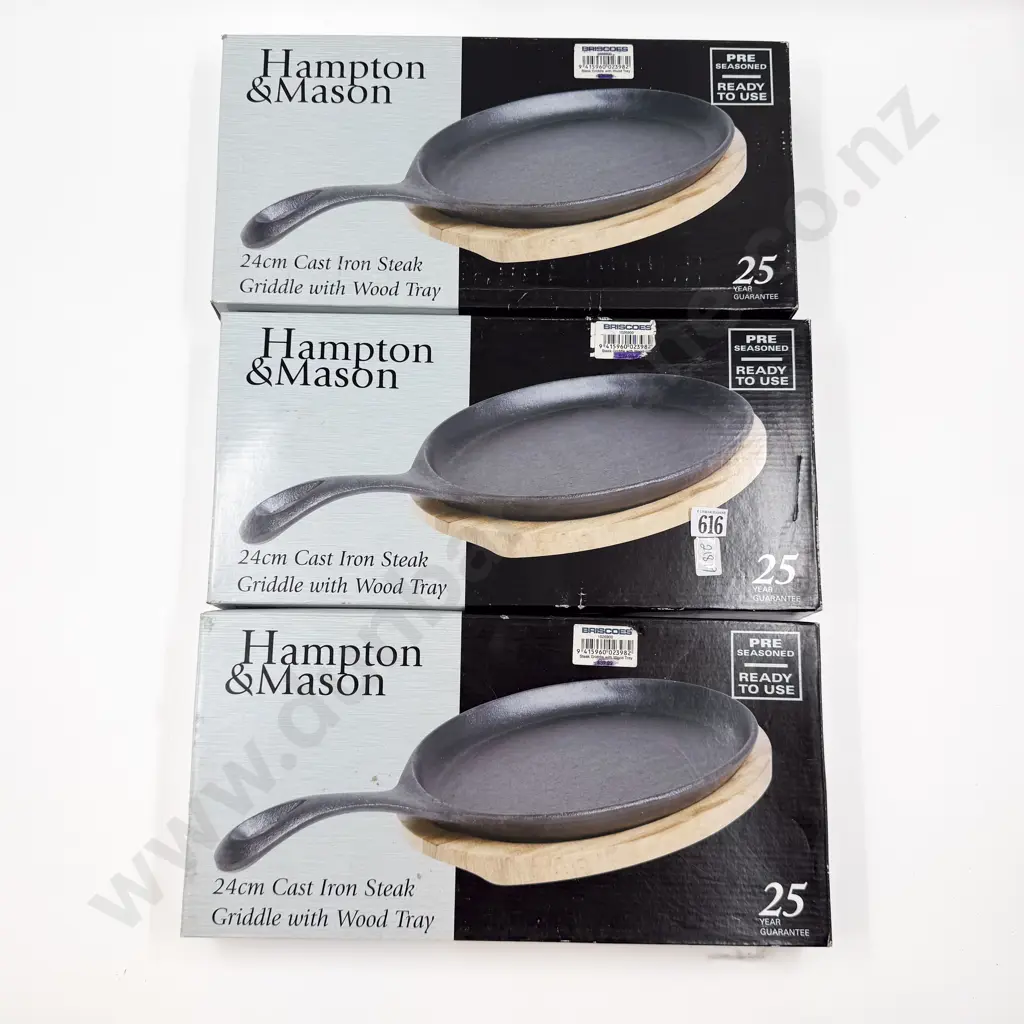 Three Boxed Hampton & Mason Cast Iron Steak Griddles with Wood Tray Image 1++