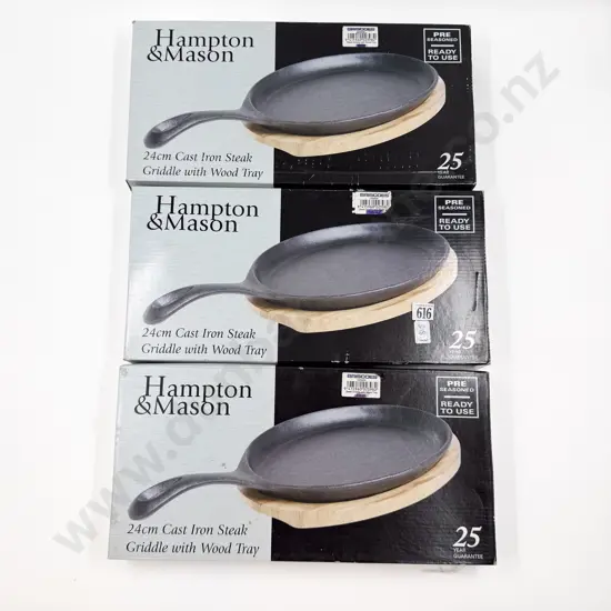 Three Boxed Hampton & Mason Cast Iron Steak Griddles with Wood Tray