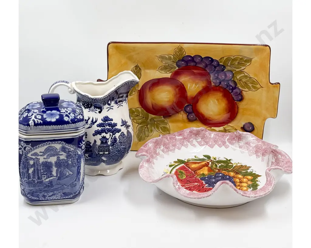 Two Large Modern Serving Dishes together with Blue & White Jug & Lidded Container Image 1++