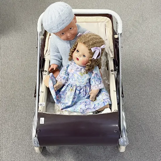 Probable Pedigree C1950's Dolls Pram with Celluloid & Composition Dolls