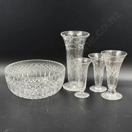 Crystal Bowl & Four Crystal Vases