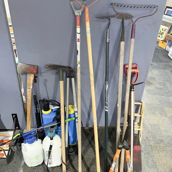 Large Qty of Assorted Garden Tools & Weed Sprayers