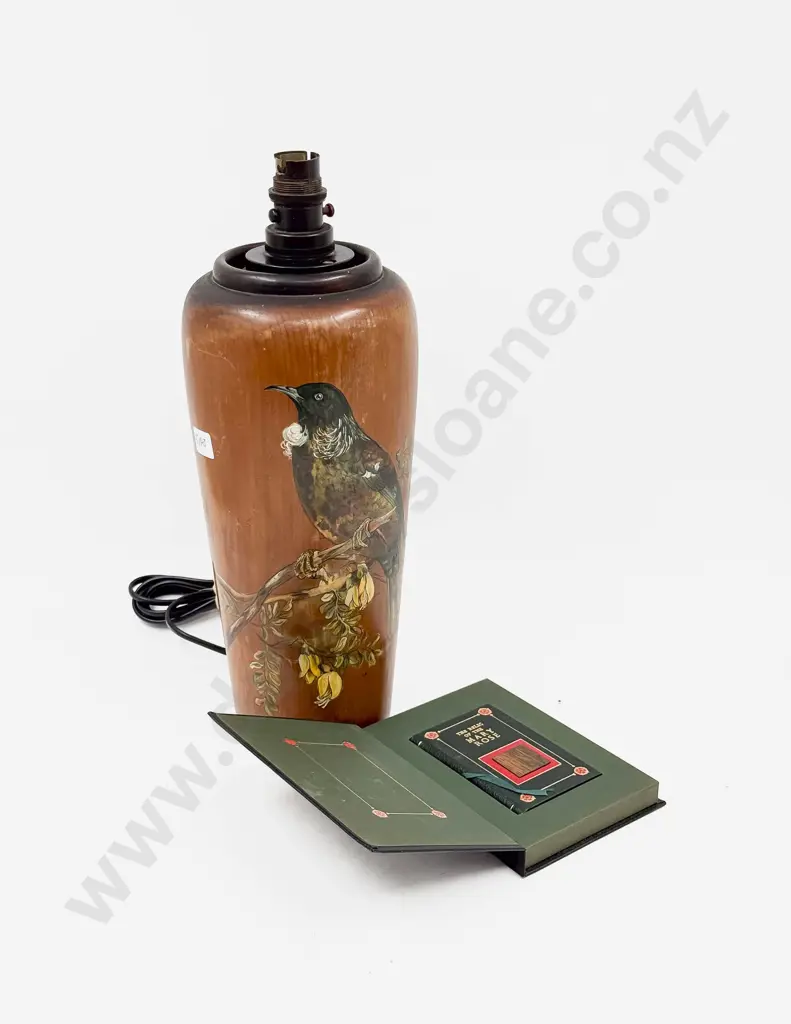 NZ Kauri Turned Wood Lamp Base with Handpainted Tui on Kowhai Decoration Image 1++