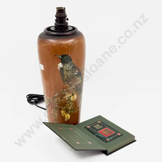 NZ Kauri Turned Wood Lamp Base with Handpainted Tui on Kowhai Decoration