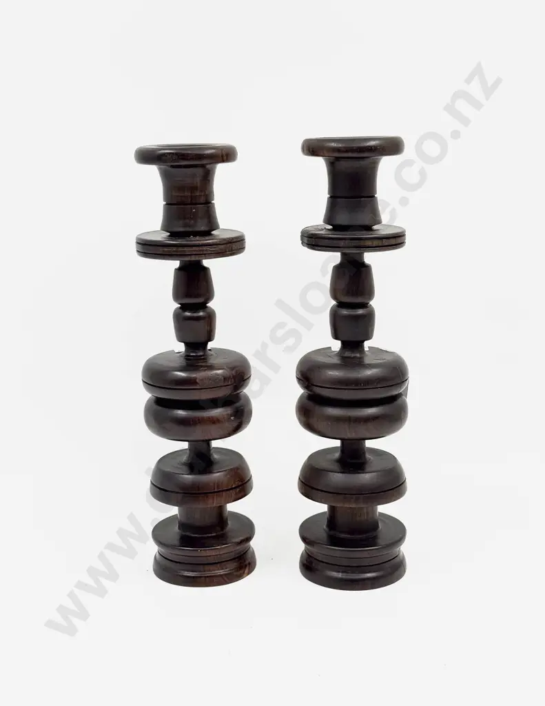 Pair of Turned Wooden Candlesticks Image 1++