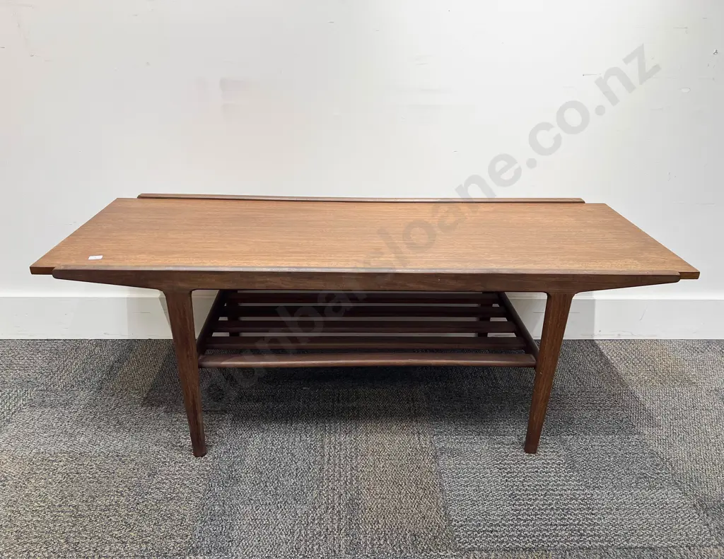 Mid Century Mahogany Coffee Table with Slatted Under Tier Image 1++