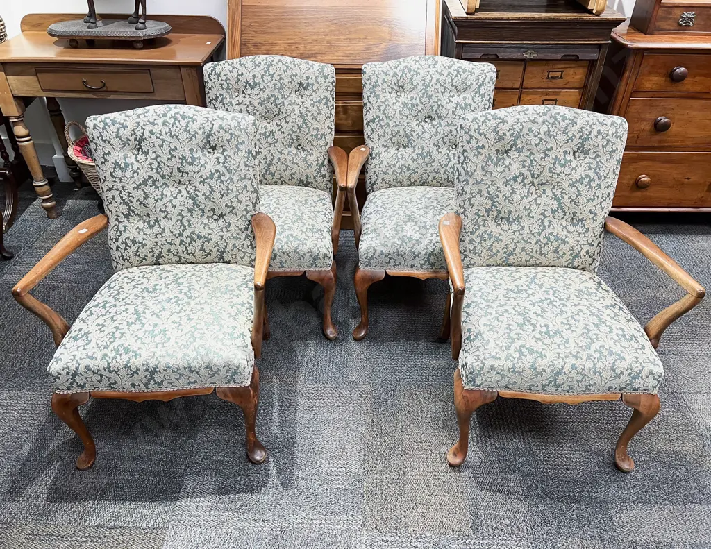 Set of Four Button Back Mahogany Open Armchairs Image 1++