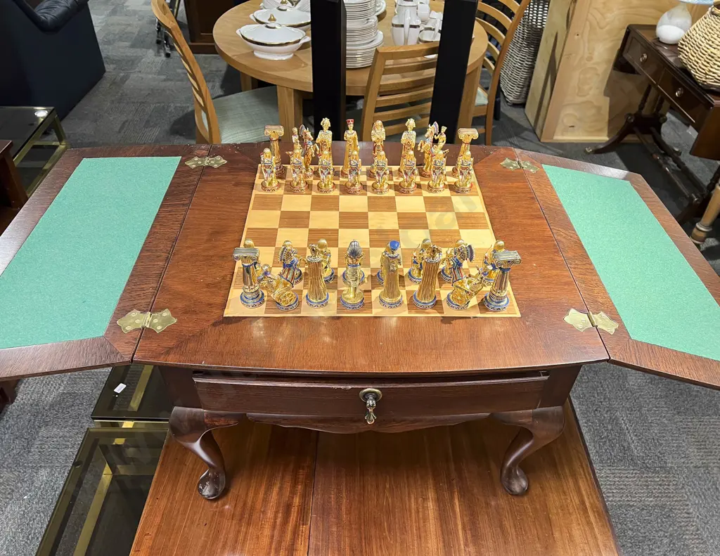 Reproduction Chess Table with Drawer of Heavy Metal Egyptian Style Pieces Image 1++