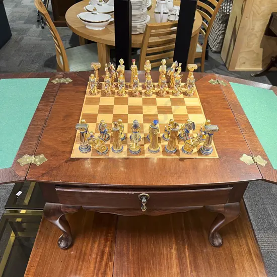 Reproduction Chess Table with Drawer of Heavy Metal Egyptian Style Pieces