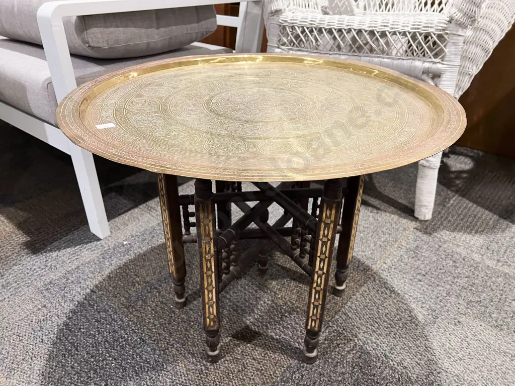 Inlaid Folding Table Base with Brass Tray Top Image 1++