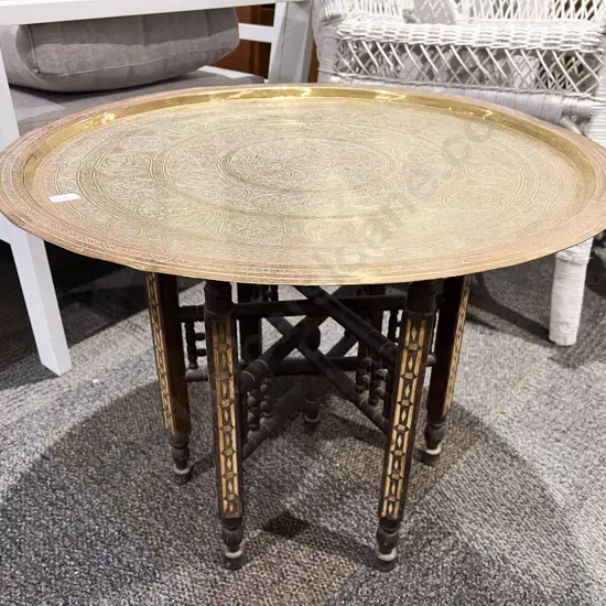 Inlaid Folding Table Base with Brass Tray Top