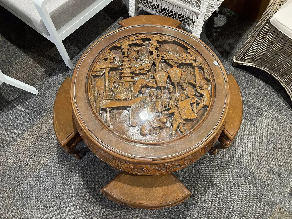 Carved Camphorwood Glass Top Coffee Table with Four Sectional Nesting Tables Image 1++