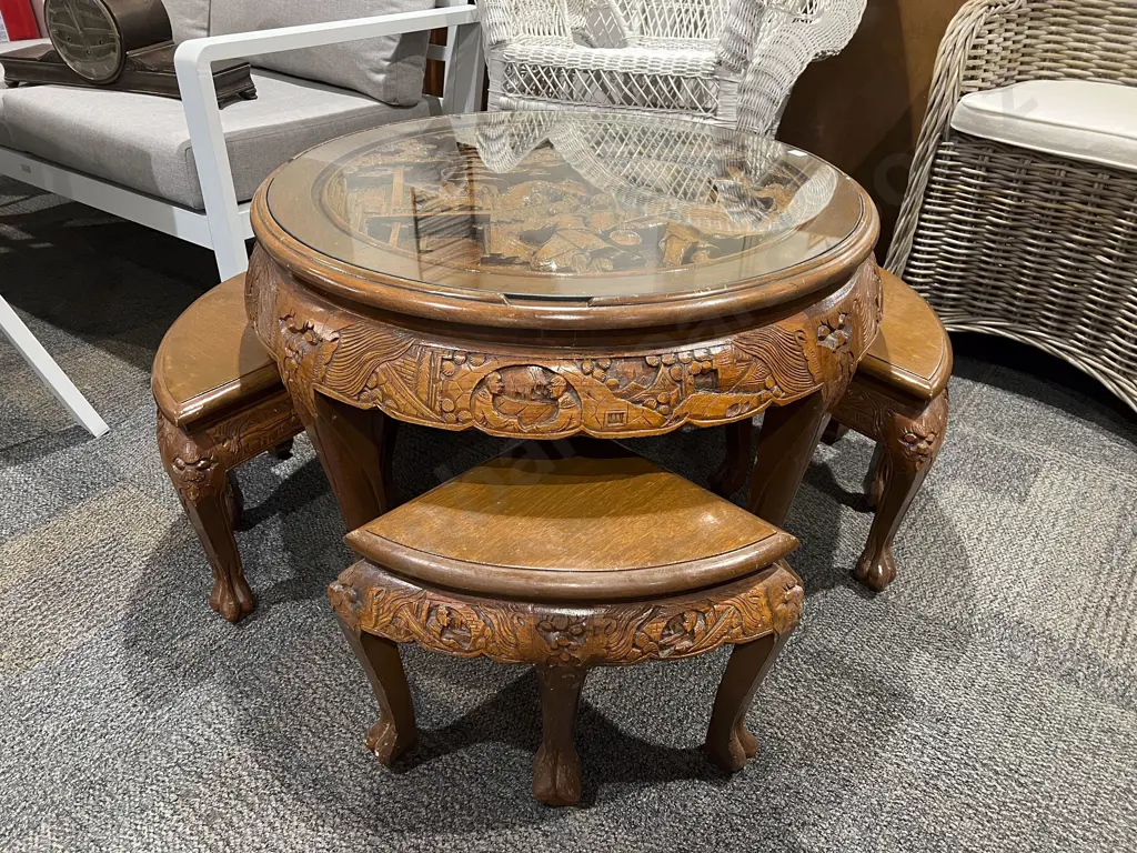 Carved Camphorwood Glass Top Coffee Table with Four Sectional Nesting Tables Image 1++