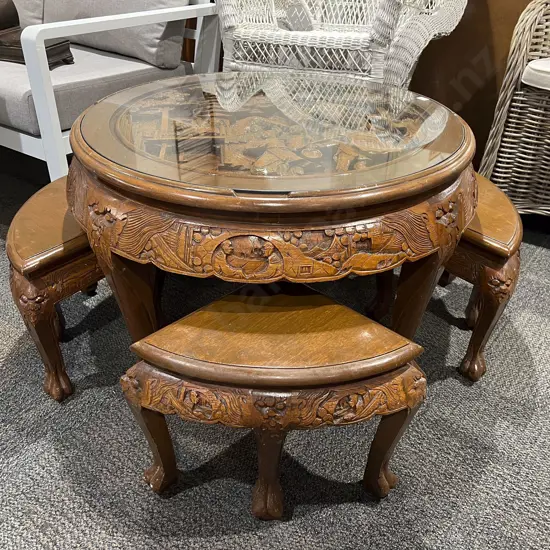 Carved Camphorwood Glass Top Coffee Table with Four Sectional Nesting Tables