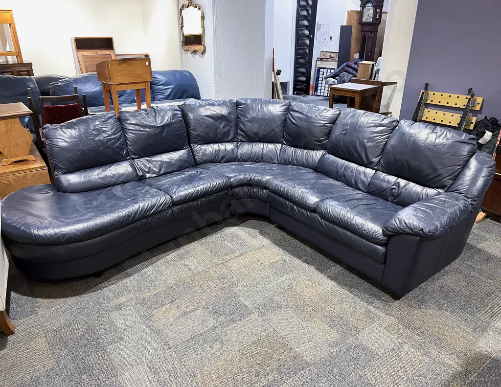 Modern Two Piece Navy Blue Leather Corner Lounge Suite Image 1++