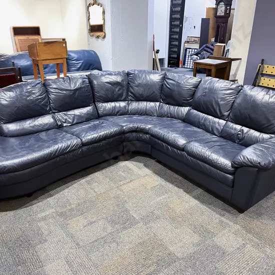 Modern Two Piece Navy Blue Leather Corner Lounge Suite