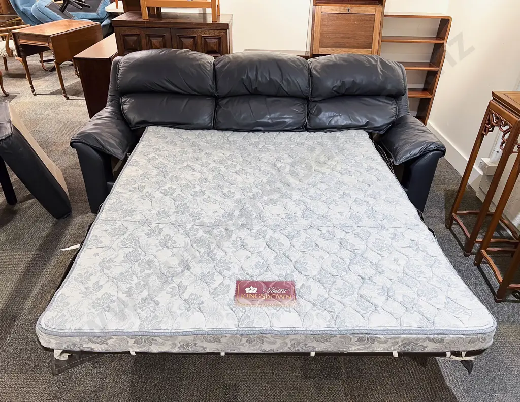 Modern Navy Blue Leather Three Seater Sofa Bed Image 1++