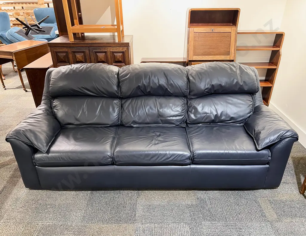 Modern Navy Blue Leather Three Seater Sofa Bed Image 1++