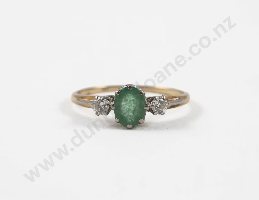 14ct Three Stone Diamond and Emerald Ring Image 1++