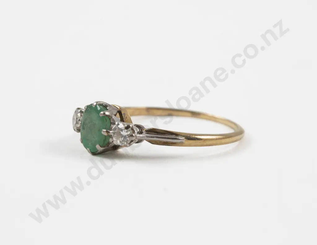14ct Three Stone Diamond and Emerald Ring Image 1++