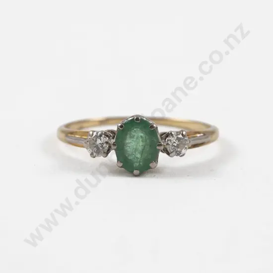 14ct Three Stone Diamond and Emerald Ring