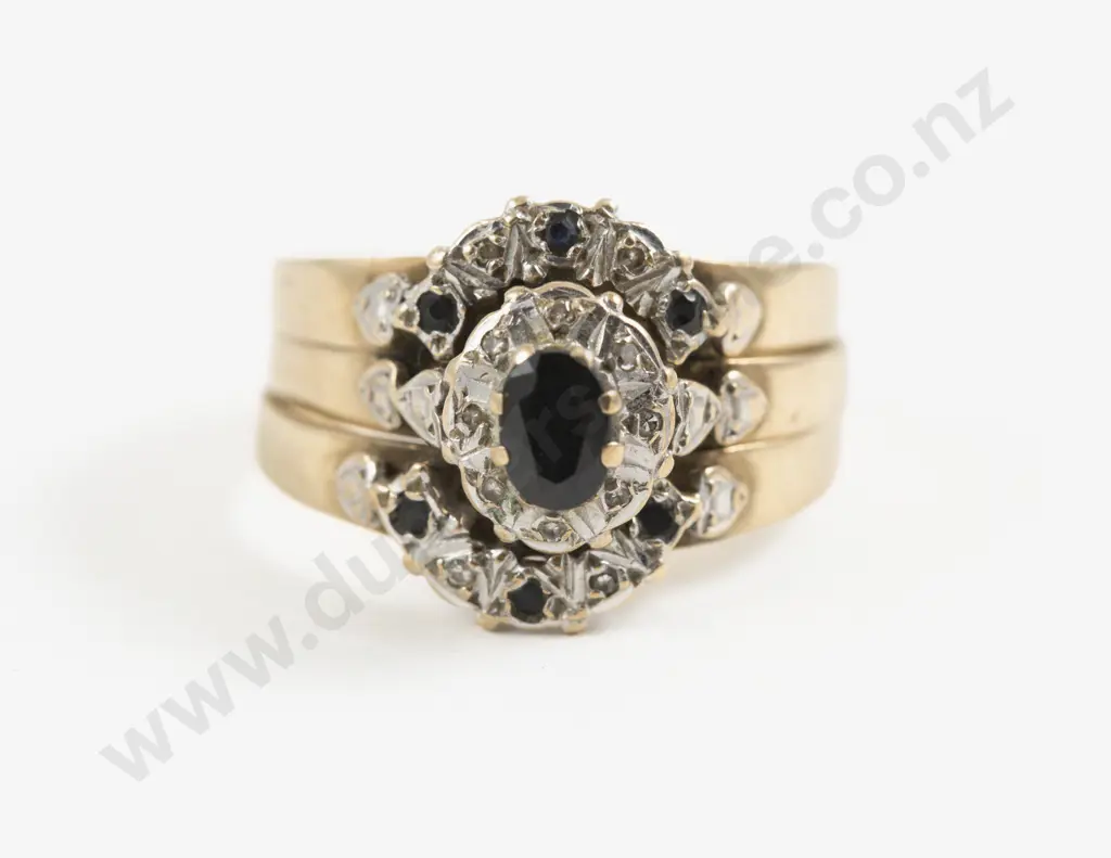 9ct Nine Stone Sapphire and Diamond Cluster with Two Curved Bands Image 1++