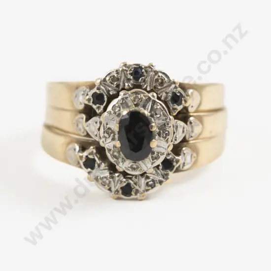 9ct Nine Stone Sapphire and Diamond Cluster with Two Curved Bands