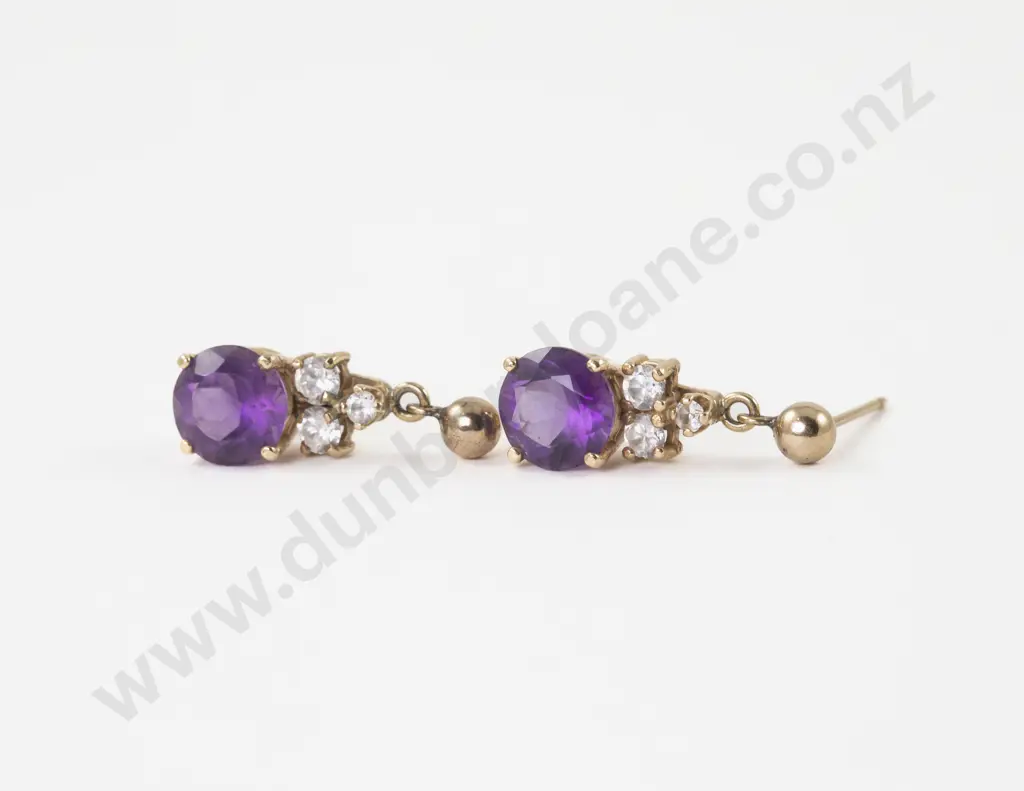 Pair 14ct Four Stone Amethyst and Cubic Zirconia Pendant Drop Earrings Image 1++