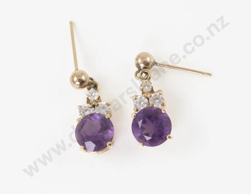 Pair 14ct Four Stone Amethyst and Cubic Zirconia Pendant Drop Earrings Image 1++