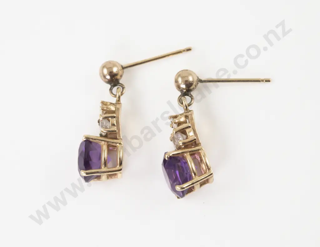 Pair 14ct Four Stone Amethyst and Cubic Zirconia Pendant Drop Earrings Image 1++