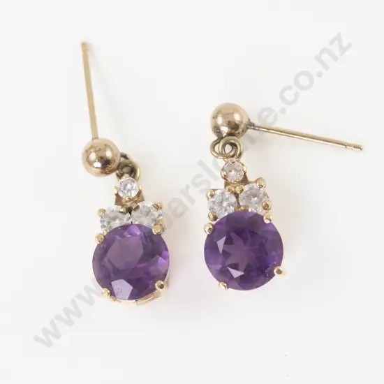 Pair 14ct Four Stone Amethyst and Cubic Zirconia Pendant Drop Earrings