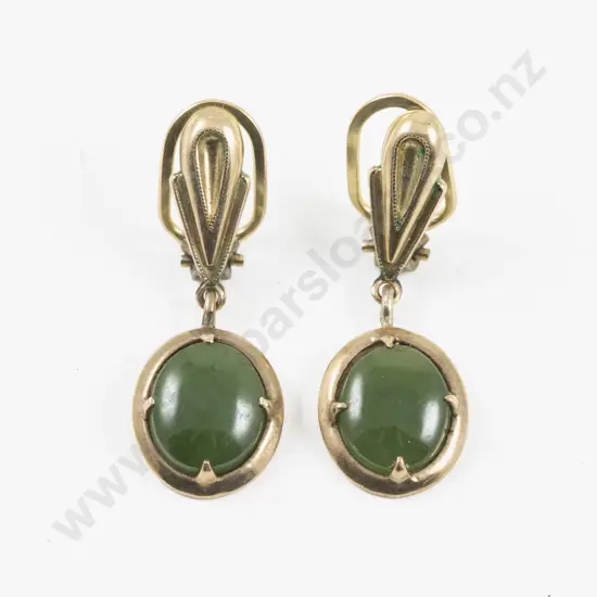 Pair 9ct Mounted Single Greenstone Pendant Drop Earrings